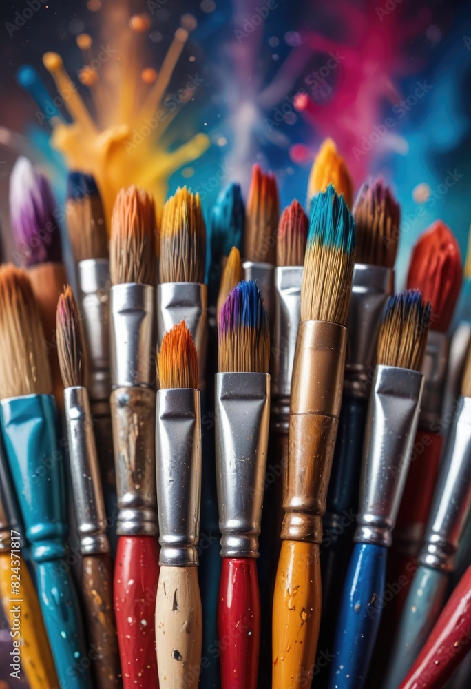 Close-up of assorted paint brushes, a vivid portrayal perfect for exploring artistry and creativity concepts Close-up of assorted paint brushes, a vivid portrayal perfect for exploring artistry and creativity concepts