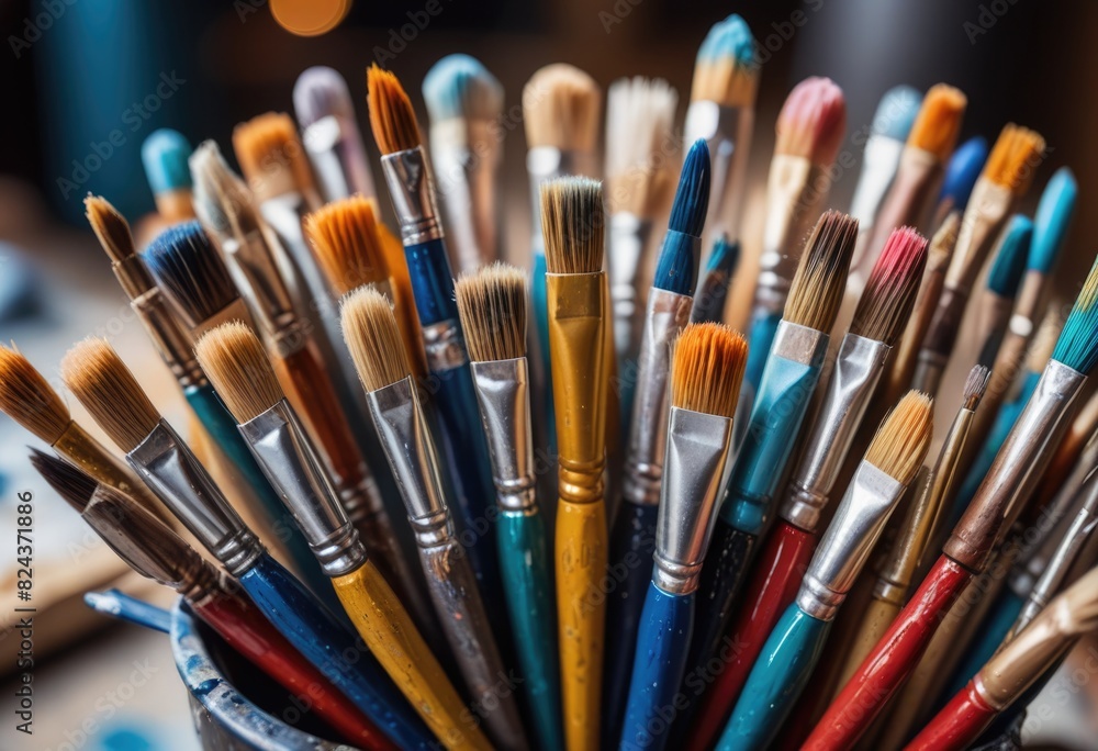 Close-up of assorted paint brushes, a vivid portrayal perfect for exploring artistry and creativity concepts Close-up of assorted paint brushes, a vivid portrayal perfect for exploring artistry and creativity concepts