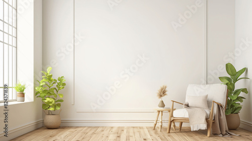 White Wall With Chair Design Background for Social Media with copy space text, for home decor, interior design, and minimalist