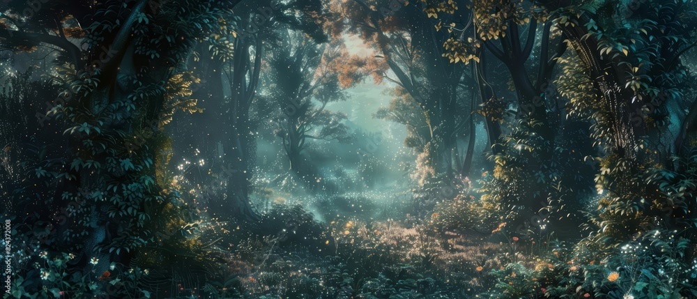 Obraz premium Frame mockup, deep in an enchanted forest, where the quote hangs amidst the trees, creating a magical ambiance