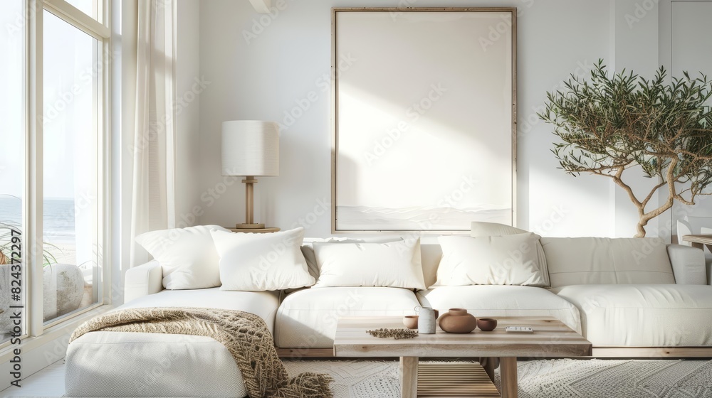 Fototapeta premium Frame mockup, set in an airy, lightfilled coastal home, where the quote encourages guests to ponder deeper truths amidst the soothing decor