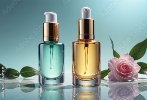 Craft a skincare cosmetic concept featuring a sleek serum glass bottle, symbolizing luxury and skincare excellence