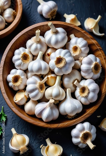 Garlic heads arranged in a rustic wooden bowl, set against a slate background for a striking display