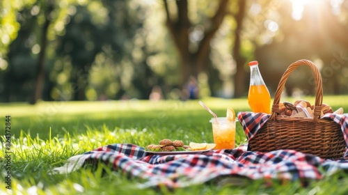 leisure and eating concept - close up of food, drinks and picnic basket on blanket on grass at summer park photo