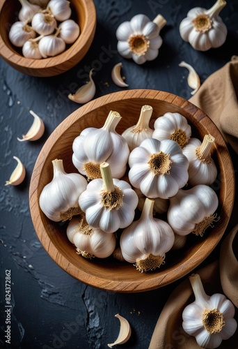 Garlic heads arranged in a rustic wooden bowl, set against a slate background for a striking display