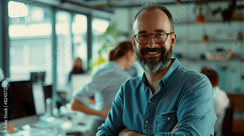 A man with glasses and a beard is smiling and posing for a photo. The businessman is dressed in a blue shirt and stands in front of a desk