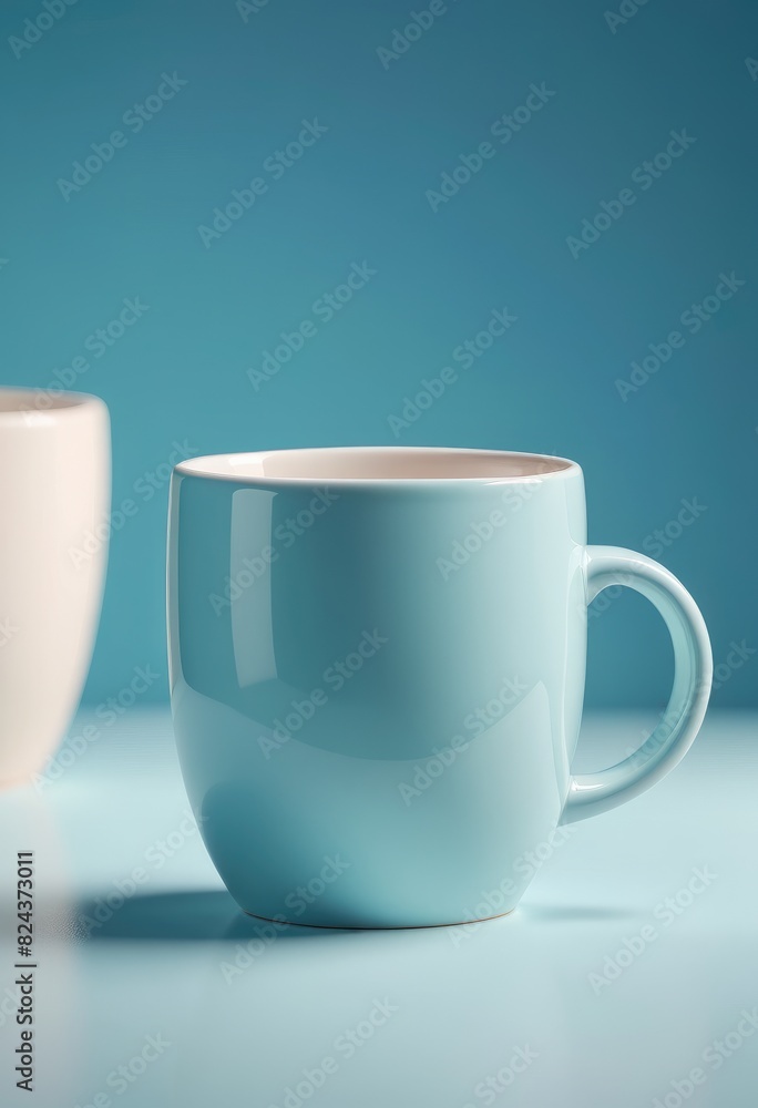 In a minimalist 3D rendering, a ceramic mug sits against a solid pastel blue backdrop, embodying simplicity and tranquility In a minimalist 3D rendering, a ceramic mug sits against a solid pastel blue backdrop, embodying simplicity and tranquility