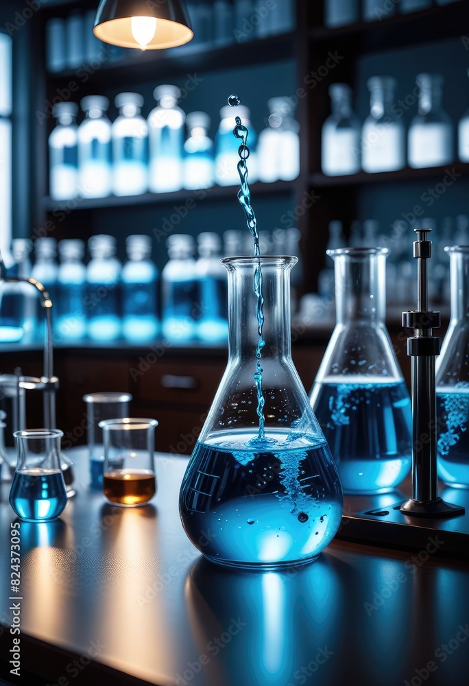 In a scientific laboratory, glassware containing a vibrant blue liquid sits atop a desk, awaiting analysis or experimentation In a scientific laboratory, glassware containing a vibrant blue liquid sits atop a desk, awaiting analysis or experimentation
