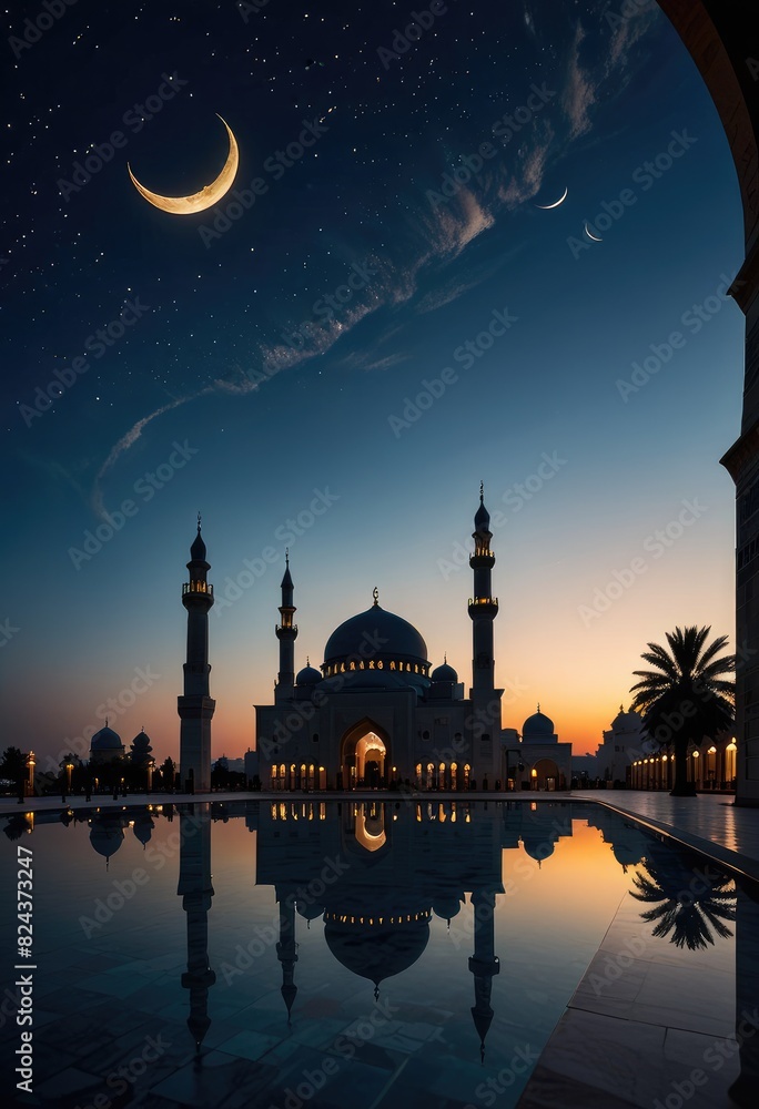 In the tranquil evening sky, a crescent moon hovers over the silhouette of a mosque, creating a serene and peaceful Islamic scene