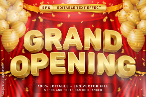 grand opening 3d text effect and editable text effect with red curtains and balloon illustration