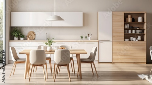 Minimalist scandinavian style. Dining room and light kitchen design with wooden table and white chairs, different utensils and kitchenware on furniture and small refrigerator, copy space