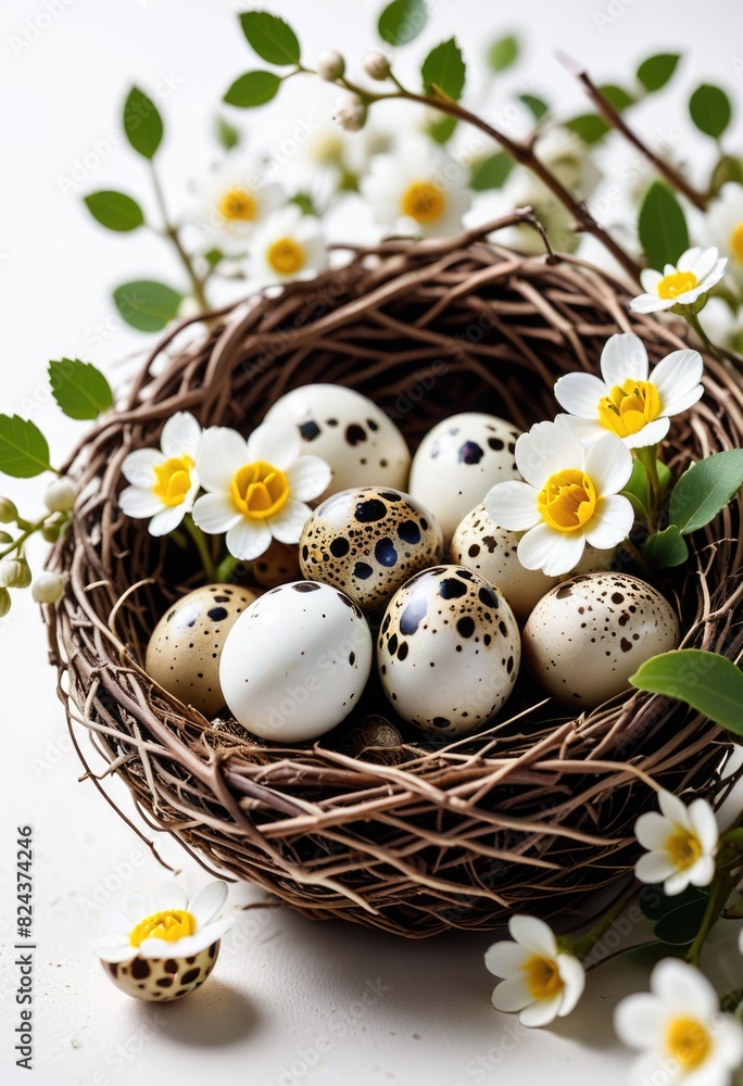 Quail eggs nestled in a delicate nest, adorned with white gypsophila flowers, set against a pristine white background