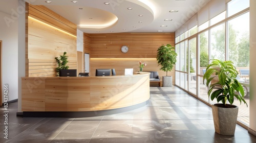 An eco-friendly hospital reception area with sustainable materials  natural lighting  and energy-efficient appliances.