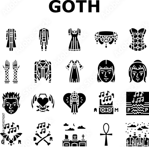 goth subculture punk gothic y2k icons set vector. heart tattoo, flame girl, people rocker, man metal, couple fire, woman graffiti goth subculture punk gothic y2k glyph pictogram Illustrations