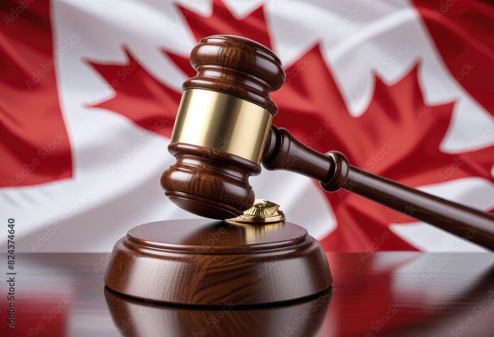 The gavel sits upon the Canadian flag, representing the ideals of law and justice