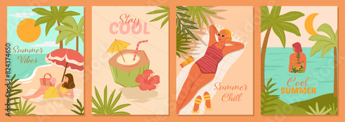 Tropical beach summer collection. Woman relaxing and fresh coconut juice for vector cards, posters and background