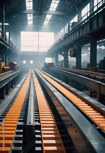 The vacant conveyor belts stand out against the misty backdrop of the factory, hinting at a momentary pause in production