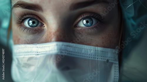 An inspiring close-up portrait of a female doctor, her eyes filled with determination and compassion, as she prepares to embark on a life-saving surgery.