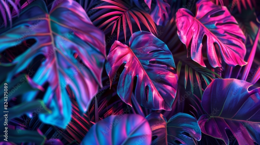 Close-up shots of exotic tropical foliage bathed in neon glow, revealing intricate details and hidden textures. Close-up shots of exotic tropical foliage bathed in neon glow, revealing intricate details and hidden textures.