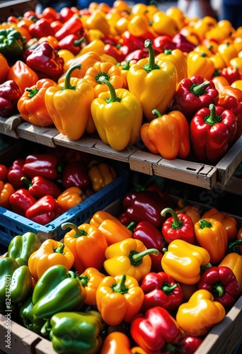 Vibrant peppers proudly showcased for sale at a bustling local farmers market, enticing passersby with their colorful allure