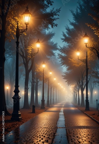 Vintage street lamps illuminate a mystical, fog-laden avenue on a serene night, casting an enchanting aura over the scene