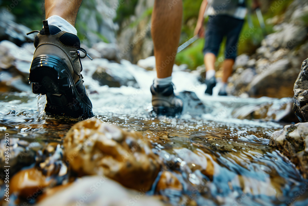 Hikers Crossing a Stream, Close-up of Boots Walking Through Water in a Forested Area Hikers Crossing a Stream, Close-up of Boots Walking Through Water in a Forested Area
