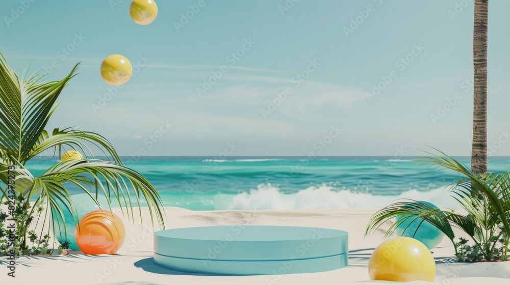 Sunny Beach Holiday Scene with a Turquoise Podium, Yellow Beach Balls, and Tropical Plants under a Radiant Blue Sky