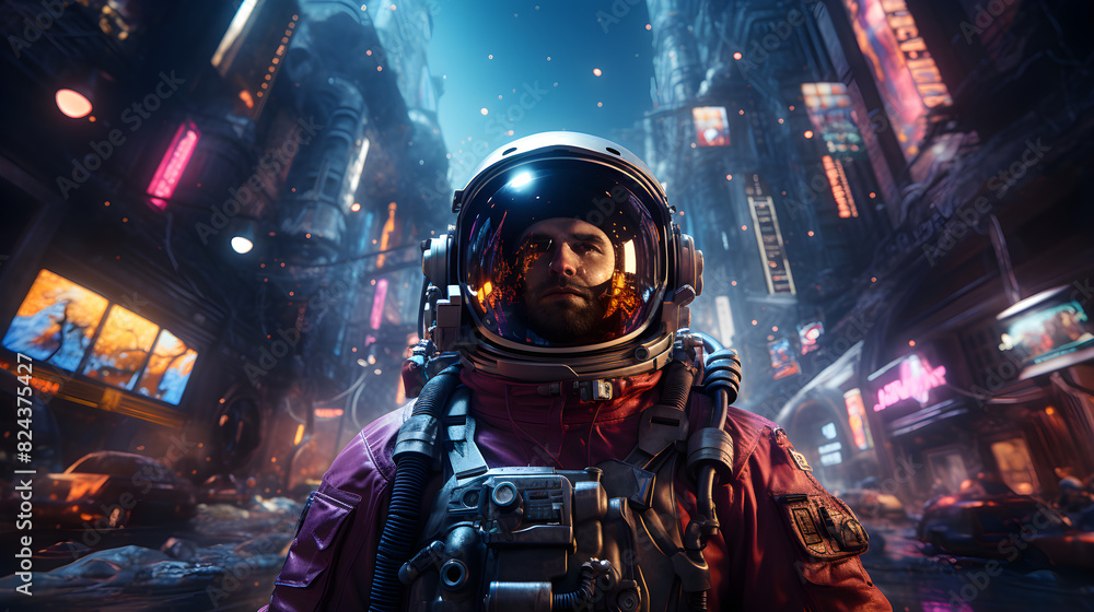 Obraz premium Retrofuturistic illustration of astronaut in futuristic neon lit cyberpunk city. Neon pink blue violet night astronaut