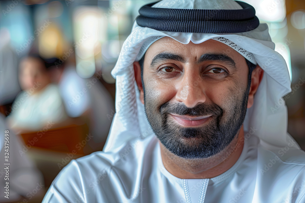 Emirati businessman in Kandura at office with colleagues
Emirati businessman in Kandura at office with colleagues