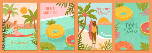 Tropical beach summer collection. Woman paddle board and surf, Pool with fruit floaters for vector cards, posters and background