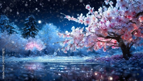 凍てつく冷気と夜桜、幻想的な背景、スタイリッシュ、シンプルに表現 Generated by AI photo