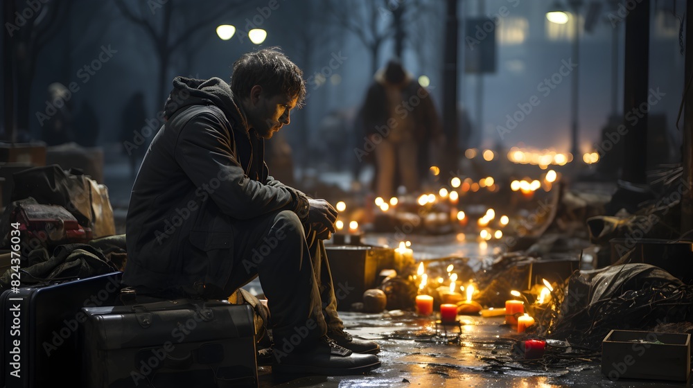 A homeless person sitting alone on a cold, desolate street, surrounded by shadows and discarded objects A homeless person sitting alone on a cold, desolate street, surrounded by shadows and discarded objects