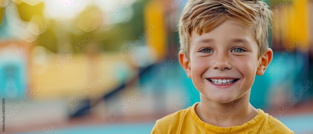 Smiling young boy with blonde hair wearing a yellow shirt outdoors at a colorful playground on a sunny day. Smiling young boy with blonde hair wearing a yellow shirt outdoors at a colorful playground on a sunny day.
