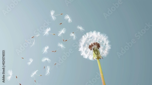 Photorealistic image of a dandelion seed head releasing its seeds into the wind  with the seeds floating away in different directions 