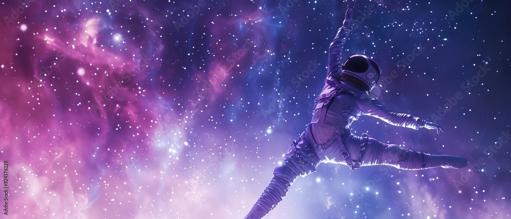 Astronaut gracefully floating in space, surrounded by vibrant cosmic colors and stars, creating an ethereal and surreal scene.