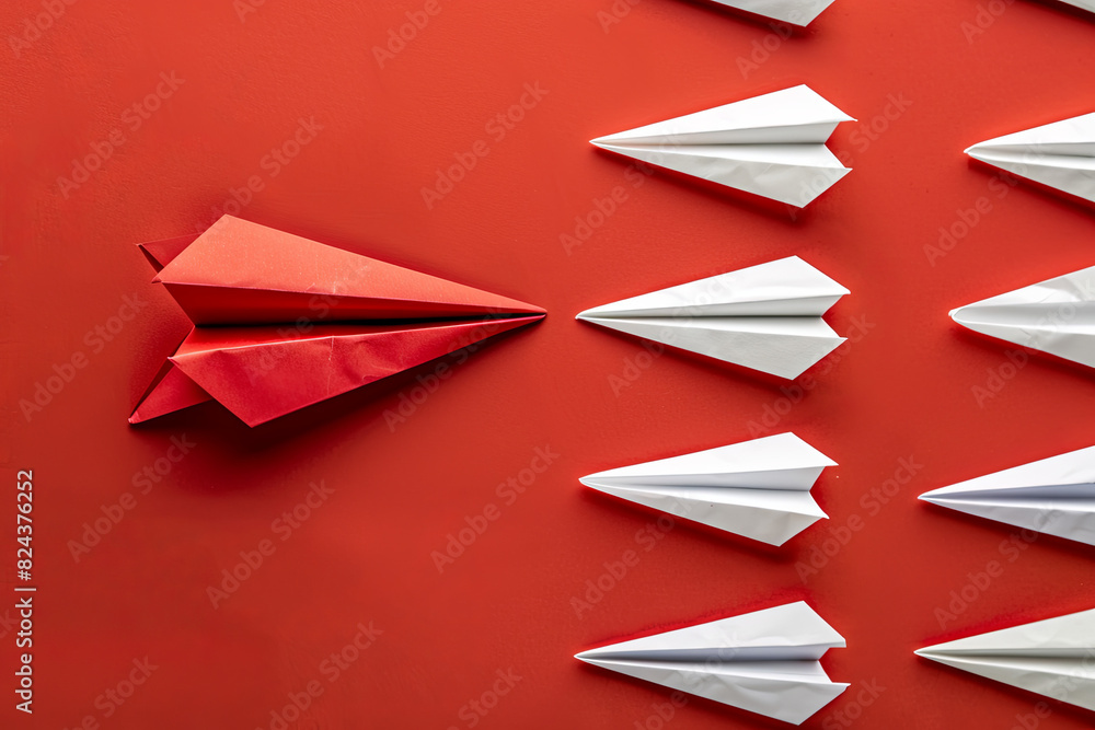 Red paper plane leading white ones, symbolizing leadership