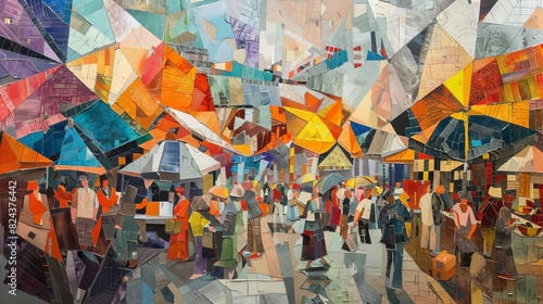 Vibrant abstract painting of a busy market with colorful umbrellas and people  creating a lively urban scene full of energy and motion.