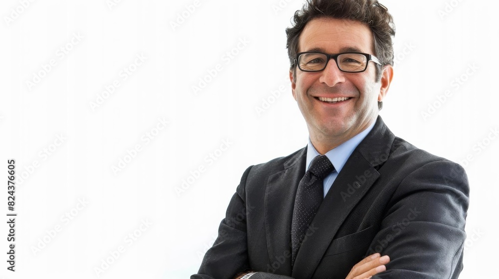 Confident businessman in a suit with glasses smiling and crossing arms against a white background. Professional and successful corporate image. Confident businessman in a suit with glasses smiling and crossing arms against a white background. Professional and successful corporate image.