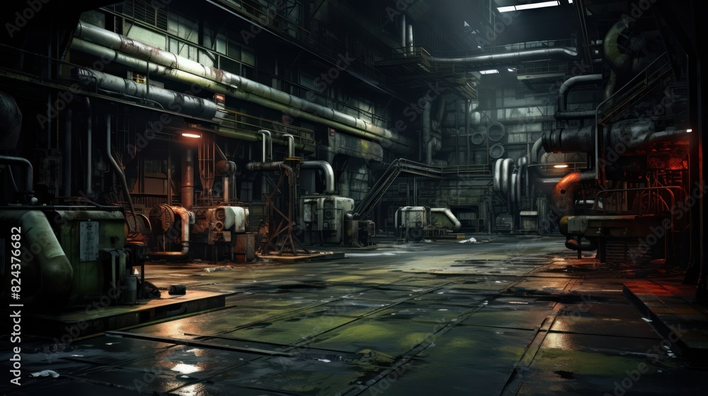 Abandoned ruined industrial building room interior. Abandoned ruined industrial building room interior.