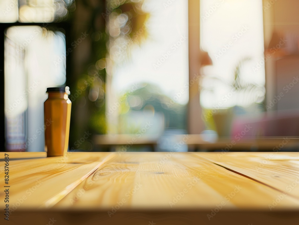Morning Light on a Light Bamboo Table in a Vibrant Blurry Kitchen Background, Symbolizing Positive Changes Morning Light on a Light Bamboo Table in a Vibrant Blurry Kitchen Background, Symbolizing Positive Changes