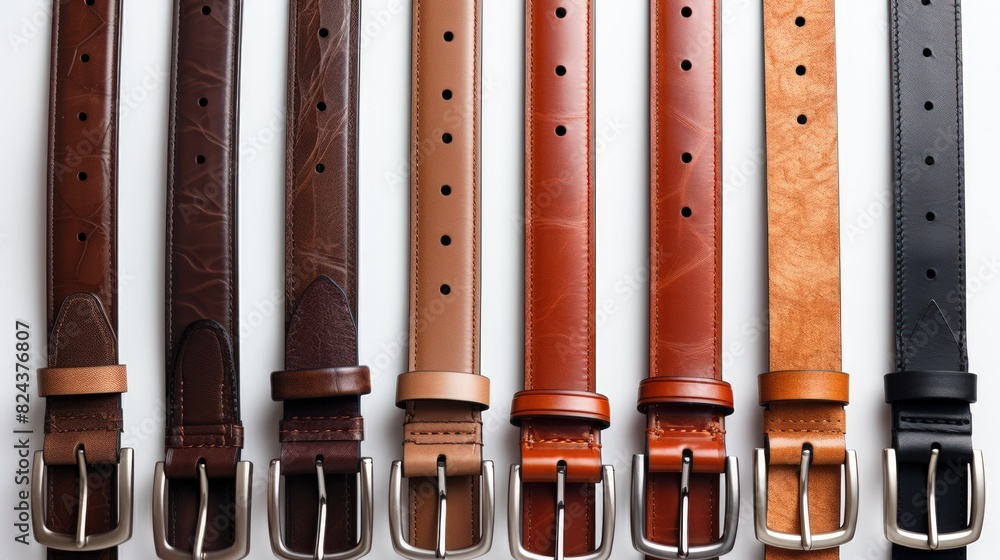 Fototapeta premium A row of belts with different colors and designs. The belts are made of leather and are arranged in a row