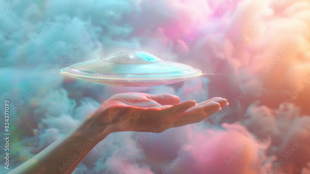 Surreal Female Hand Holding UFO Model Amid Pastel Rainbow Smoke on ...