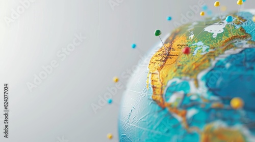 Close-up of a globe with colorful pins marking various locations on a map, symbolizing travel, exploration, and global connections.