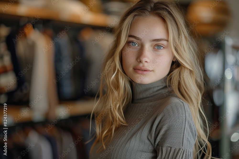 Beautiful young smiling caucasian woman standing in clothing store Beautiful young smiling caucasian woman standing in clothing store