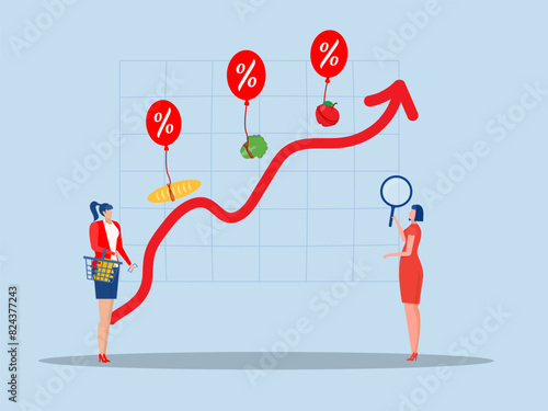 goods Inflation, businessman analysis with Rising food price crisis,Prices of commodities and consumer goods rose due to rising inflation concept. vector illustration