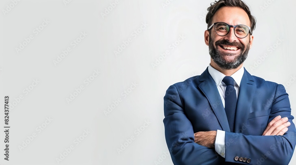 Confident businessman in navy suit with arms crossed, smiling at the camera, standing against plain white background. Confident businessman in navy suit with arms crossed, smiling at the camera, standing against plain white background.