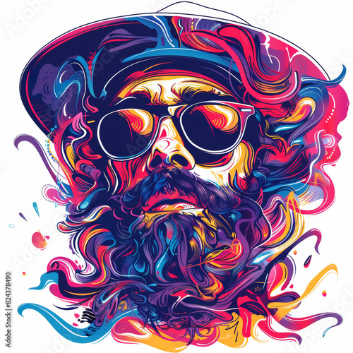A illustration of the face with hat and sunglasses, colorful style, swirling elements