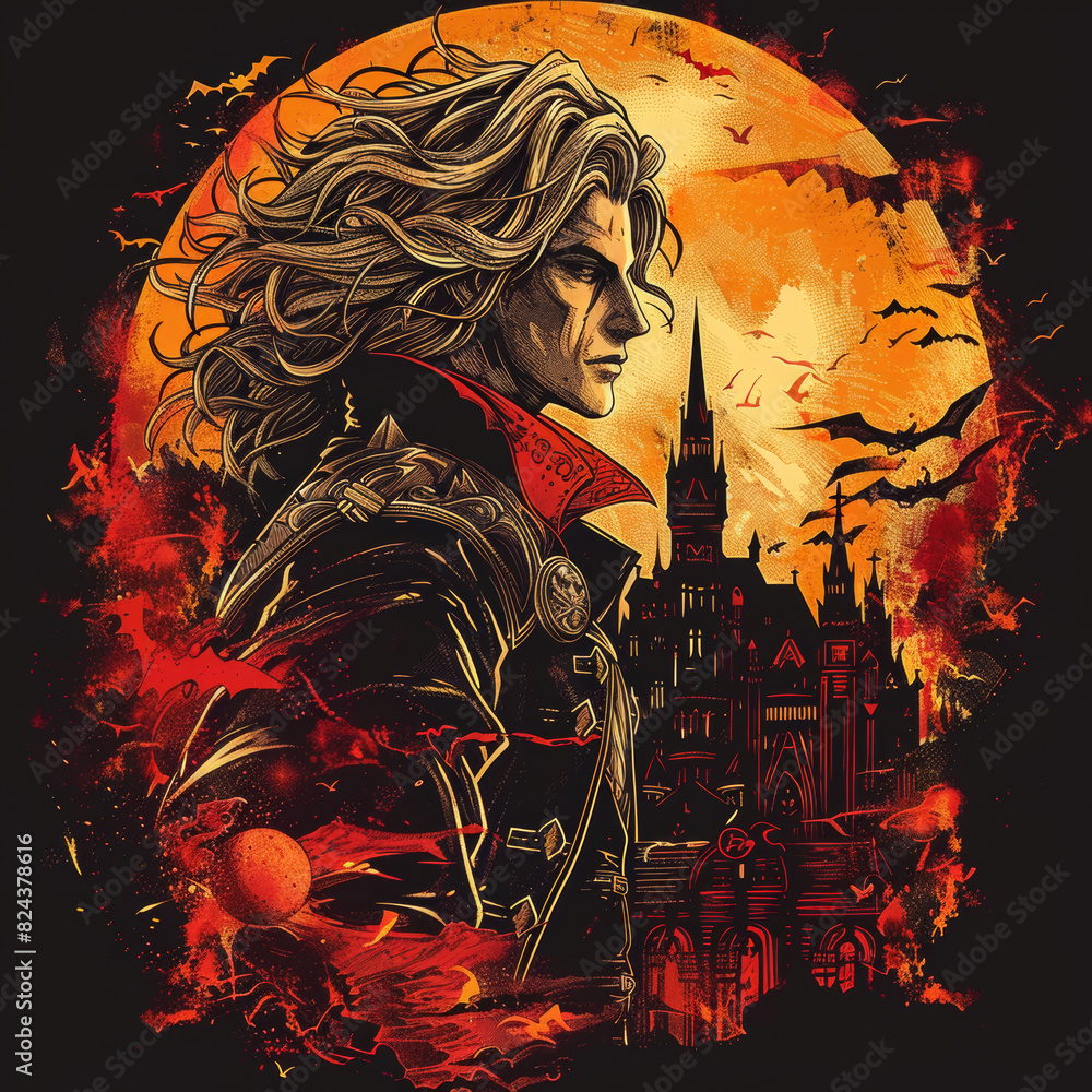 Illustration of the man in front of the moon against a gothic cityscape Illustration of the man in front of the moon against a gothic cityscape
