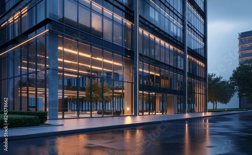 Modern office building exterior, wide angle shot, LED lighting on the facade, empty street in front of it
