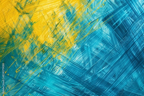 An abstract canvas featuring vibrant cross-hatching strokes in shades of electric blue and mustard yellow  blending together to create a grungy texture. 